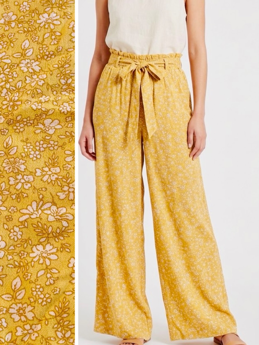 HOLLISTER Flowy Pull-On Mustard Yellow Floral Wide-Leg Paperbag Pants — #LHP